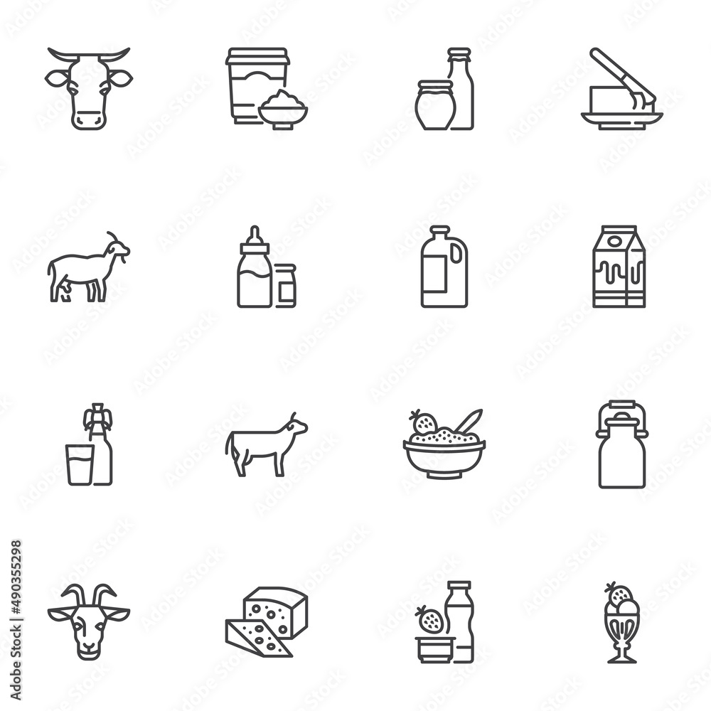 Dairy product line icons set