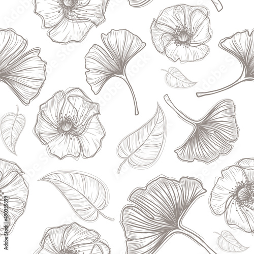 Seamless floral banner - hand drawn doodle illustration - ghinkgo leaves and flowers design