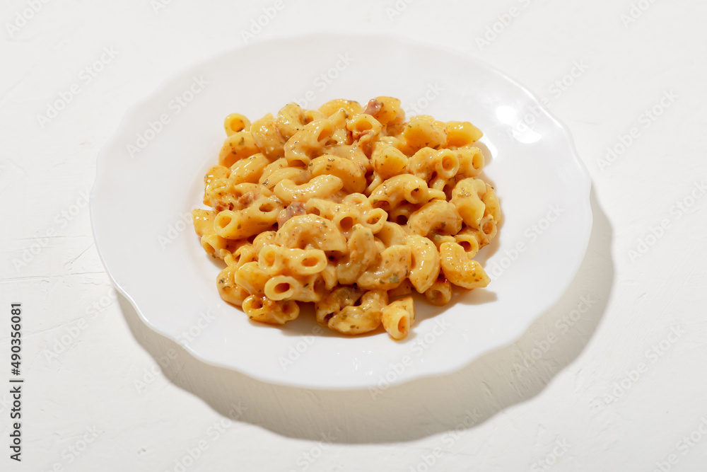 curly pasta with sauce on a white plate. Minimalism. White background. Pasta in cheese sauce. curly pasta with sauce on a white plate. Minimalism. White background. Pasta in cheese sauce.