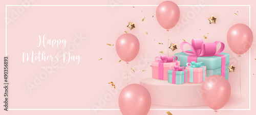 Happy mother's day cute 3D pink ballon gift box golden star ribbon