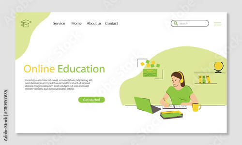 Online education vector landing page template with a girl studying with computer. flat style. Laptop, book, notebook, globe, cup of tea, pencil 