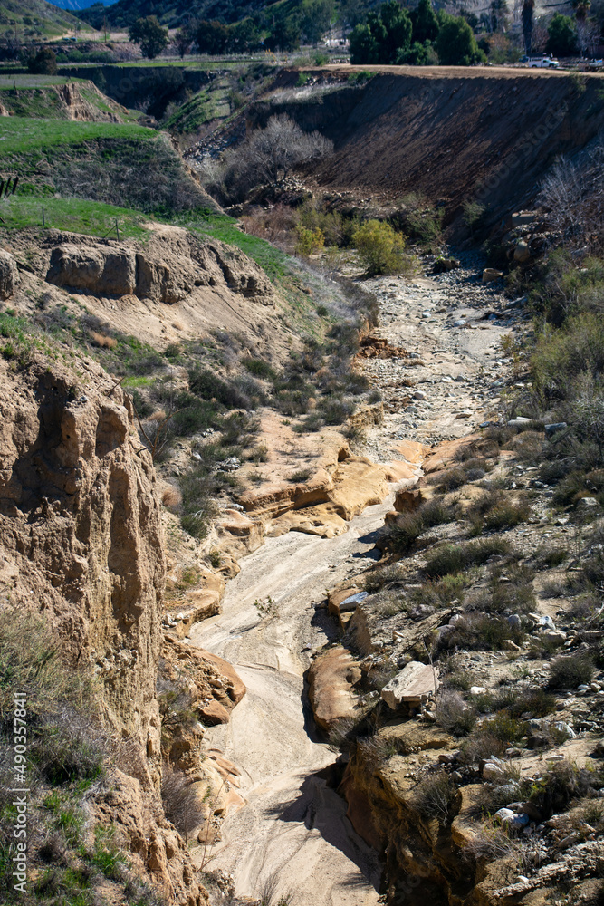 The San Timeteo Canyon Creek Canyon near Yucaipa, California, where water has formed a Canyon River Valley with Run-Off Erosion 