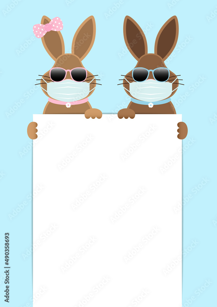 Obraz premium 2 Osterhasen Mädchen & Junge Maske Halten Großes Schild Himmel