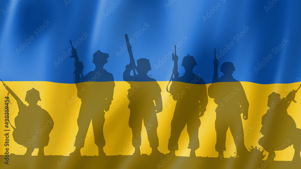 Conceptual image of war between Russia and Ukraine with shadow of soldier  against wall with national flag background Stock Photo | Adobe Stock