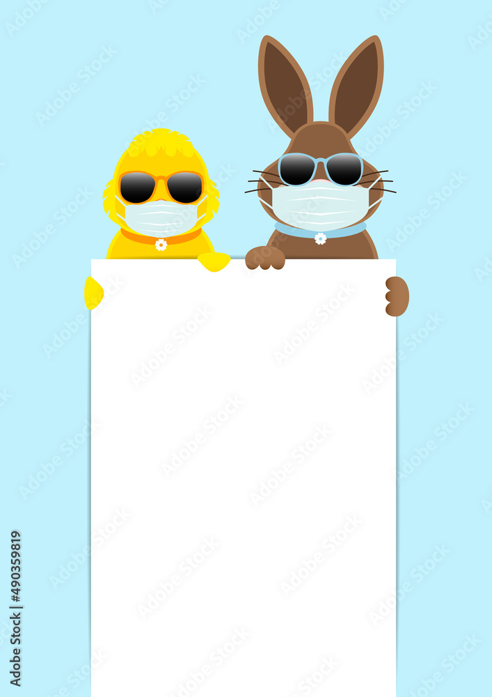 Obraz premium Osterei & Osterhase Maske Sonnenbrille Halten Großes Schild Himmel