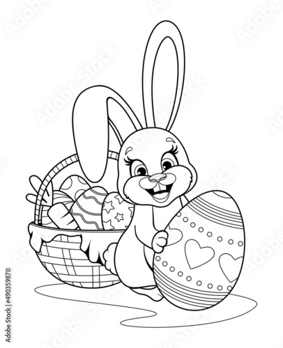Coloring page. Cute bunny with easter egg and basket