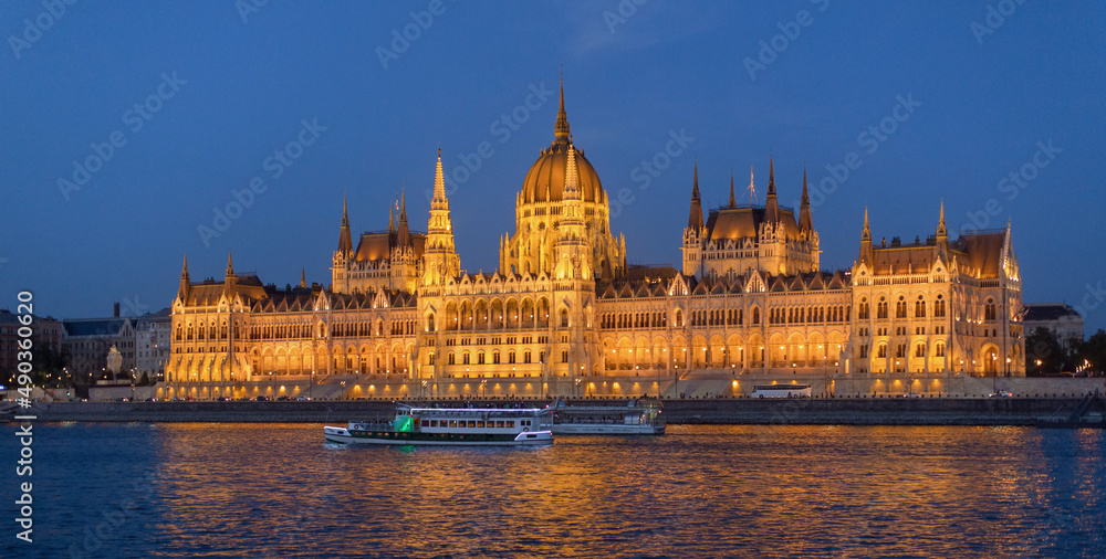 Budapest city at night, view of the Parliament