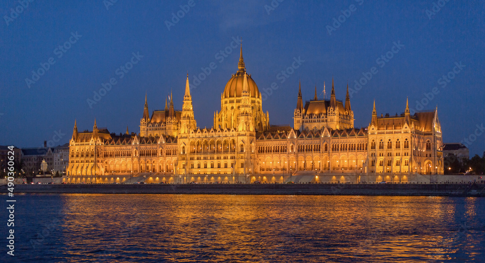 Budapest city at night, view of the Parliament