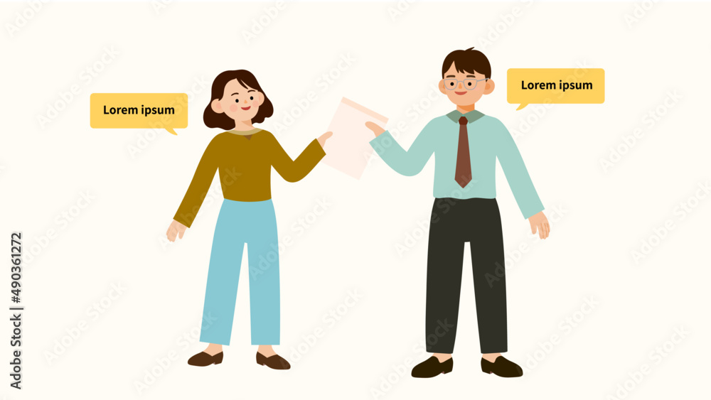Woman and man happily passing paper documents Woman and man happily passing paper documents
