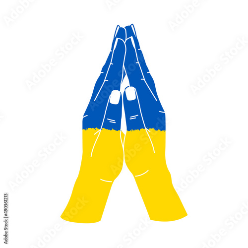 Pray for Ukraine. Prayer hands gesture colored in blue and yellow flag of Ukraine, brush texture. Pray for Ukraine