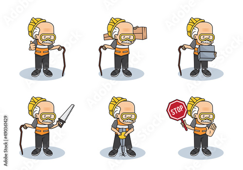 Bundle Set Illustration of Old Working Grandpa or Professional Safety Man Construction Character with Different Activities..