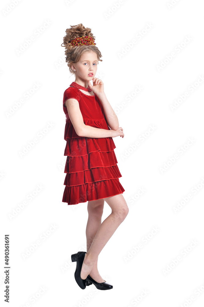 Full length. Girl in red dress posing isolated Full length. Girl in red dress posing isolated