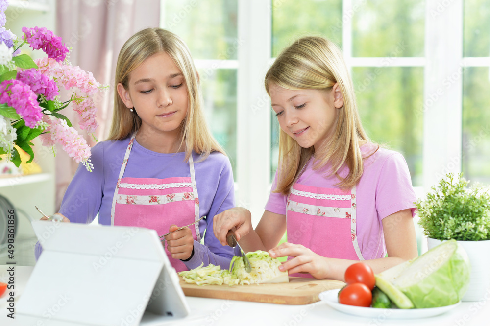 Two girls in pink aprons preparing salad Two girls in pink aprons preparing salad