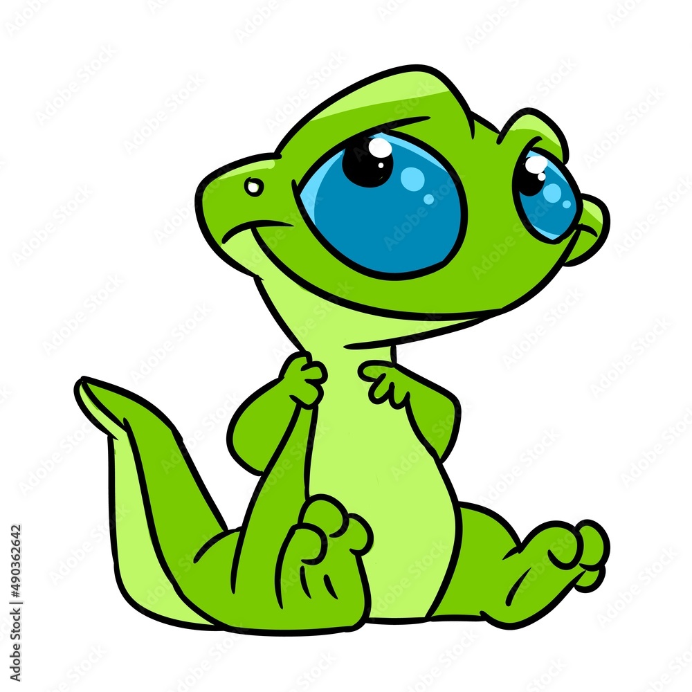 Fototapeta premium Little lizard sitting funny character green illustration cartoon