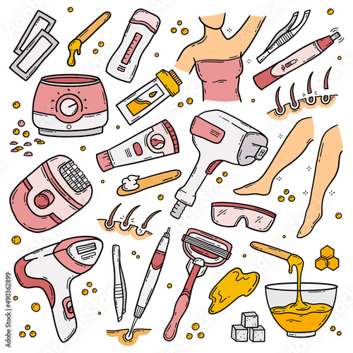 Epilation, depilation and methods of body hair removal, vector set of icons in doodle cartoon style. Sugaring, razor, photoepilator, laser and electroepilation. Pink elements on a white background.
