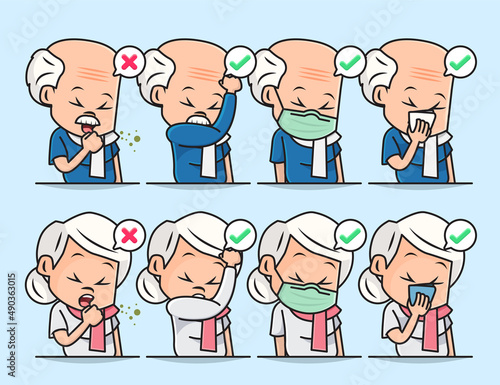 Illustration Vector Graphic of Old Grandpa and Grandma with the Proper Way to Cover a Mouth When Cough or Sneezing
