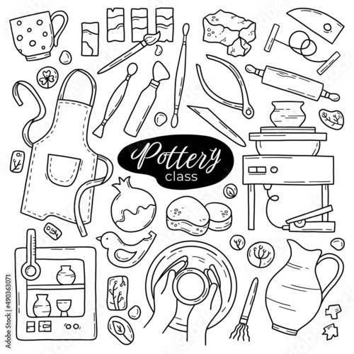 Pottery class and ceramics workshop vector set of doodle linear icons. Wheel, clay, pots, kiln, apron and handmade tools.