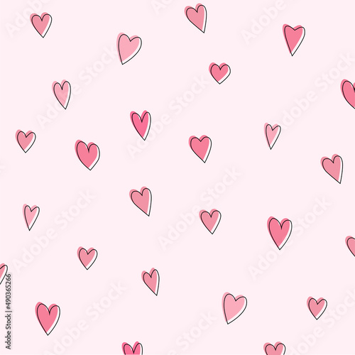 Vector background with different pink hearts with black line. hearts background.
