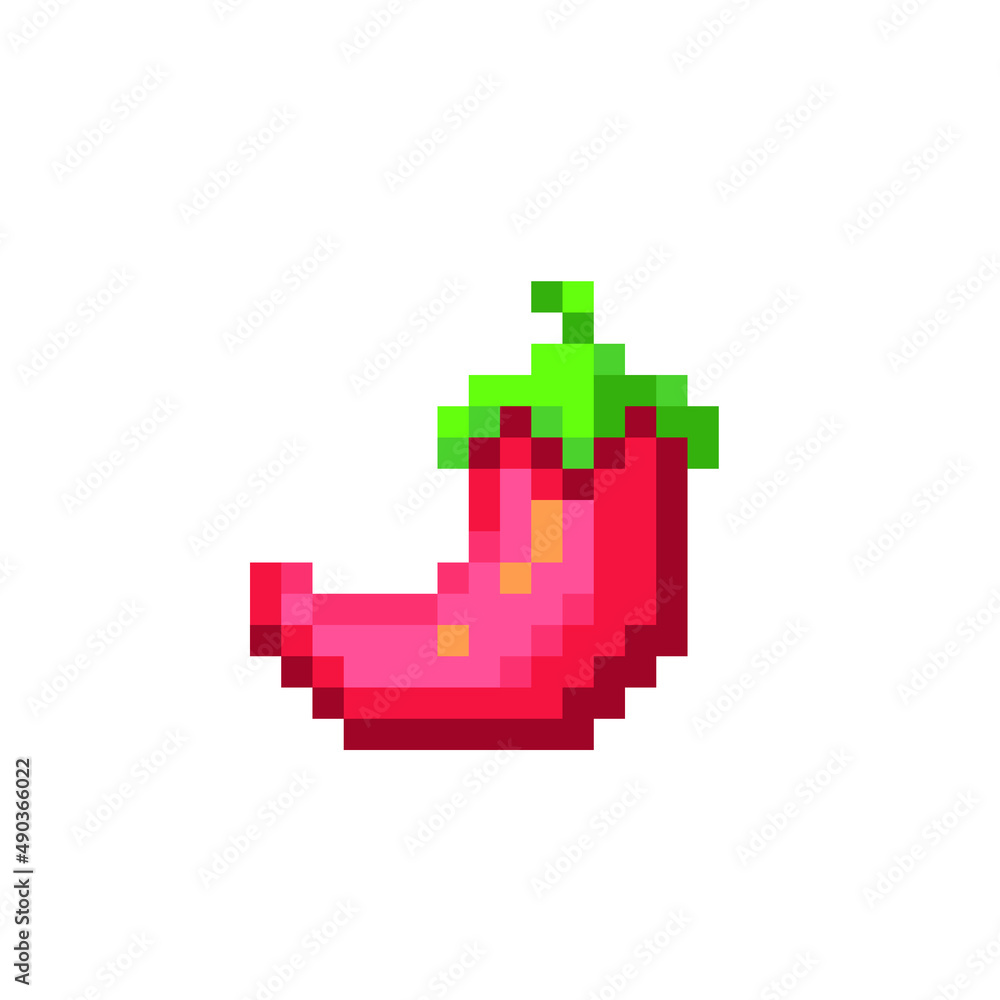 Fototapeta premium Chilli red pepper pixel art icon. Isolated vector illustration. 8-bit sprite. Design stickers, logo, mobile app.