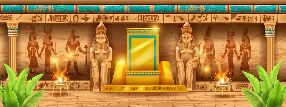 Egypt temple background, vector ancient pharaoh pyramid wall, gold throne, gods mural silhouette. Ancient civilization game interior, stone column, hieroglyphs, palace room. Egypt temple illustration