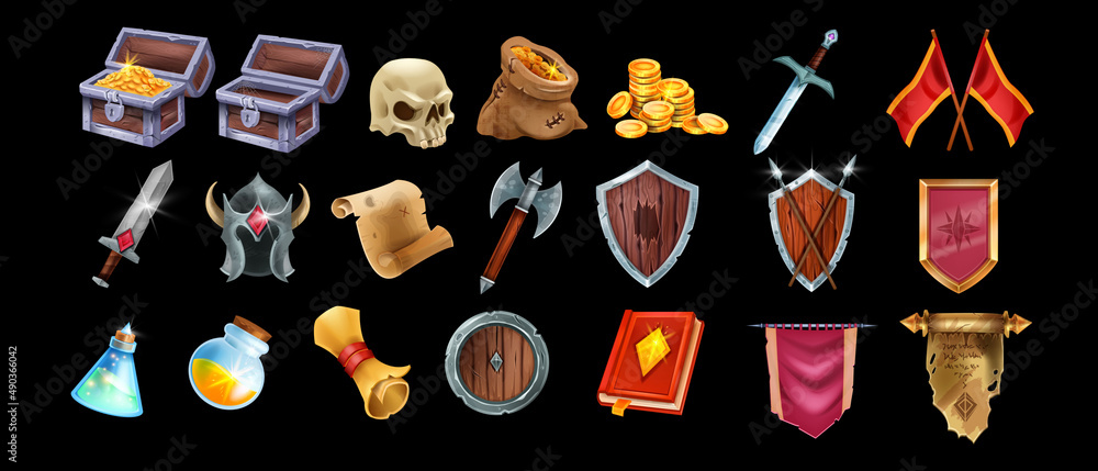 Fantasy Game Vector Icon Set, Medieval UI Game Badge, Wooden