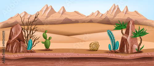 Wild west vector background, western desert landscape, brown cracked canyon rocks, mountain, hills. Environment game illustration, dry ground, sand dune, green cactus, succulent. West landscape