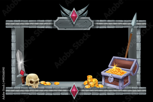 Stone game frame, vector UI rock screen design element, medieval castle brick, gold coins, trunk, skull. RPG fantasy decoration panel, warrior weapon, ancient sword, spear. Stone frame on black