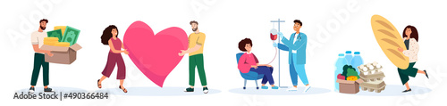 People donating money,blood donor,products,attention,food,clothing. Charity, support and donation concept. Humanitarian charitable help.Philanthropy.Flat vector illustrations isolated white background photo