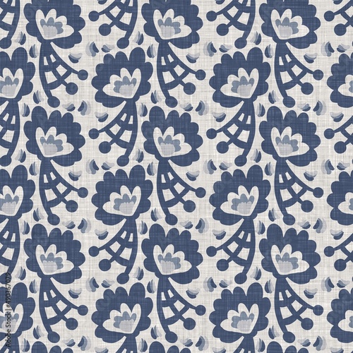 French blue botanical leaf linen seamless pattern with 2 tone country cottage style motif. Simple vintage rustic fabric textile effect. Primitive modern shabby chic kitchen cloth design.