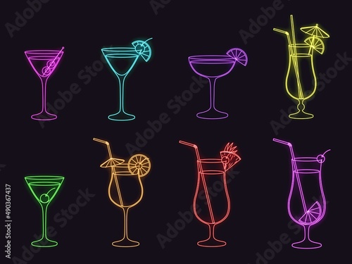 Neon alcohol cocktail collection. Vector illustration isolated on dark background