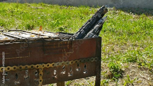 Closeup shot of cooking fish on barbecue grill. Smelt grilled over charcoal