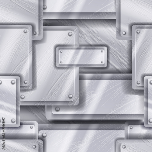 Steel metal seamless pattern, vector iron surface game tile, silver gray plate background, spaceship wall. Aluminum techno factory wallpaper, technology geometric panel. Metal realistic shiny pattern