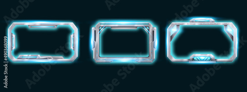 Futuristic technology game frame, abstract spaceship steel screen kit, vector metal HUD menu panel set. UI cyberpunk monitor display, electronic interface element, neon lights. Futuristic glow frames