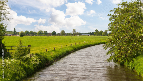 River flows through the meadows in the countryside.