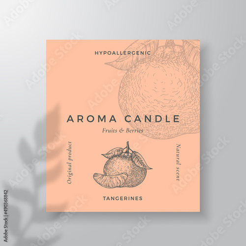 Aroma candle vector label template. Tangerine scent from local purveyors advert design Ink style sketch background layout decor. Natural smell product package text space