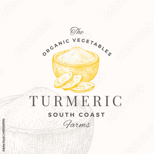Turmeric Spice Powder Abstract Vector Sign, Symbol, Logo Template. Hand Drawn Curry in the Pot and Root Sketch Sillhouette with Typography. Premium Plant Based Vegan Food Emblem. Isolated