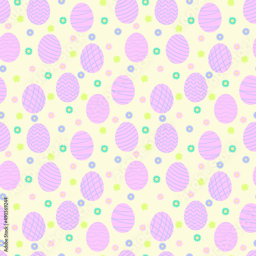 Vector colored easter eggs seamless pattern for Easter holidays on pink background. Patterns, flowers. Vector illustration. EPS 10, doodle style