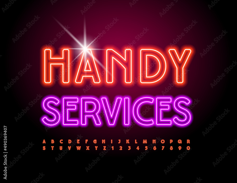 Vector professional logo Handy Services. Red Neon Font. Glowing Alphabet Letters and Numbers set