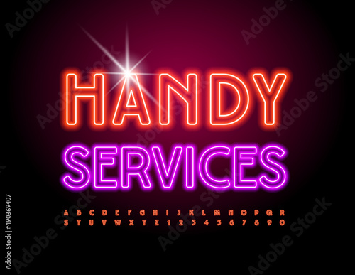 Vector professional logo Handy Services. Red Neon Font. Glowing Alphabet Letters and Numbers set