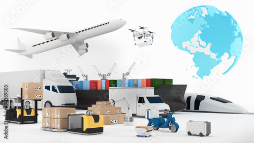 Various types of transportation: cars, planes, trains, and ships.Worldwide shipping business,transportation,3d rendering