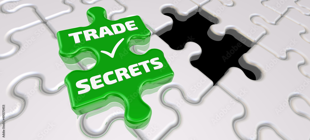 Trade secrets. Final piece of the puzzle. Folded white puzzles elements and one final green piece of the puzzle with the text TRADE SECRETS and a check mark. 3D illustration Trade secrets. Final piece of the puzzle. Folded white puzzles elements and one final green piece of the puzzle with the text TRADE SECRETS and a check mark. 3D illustration