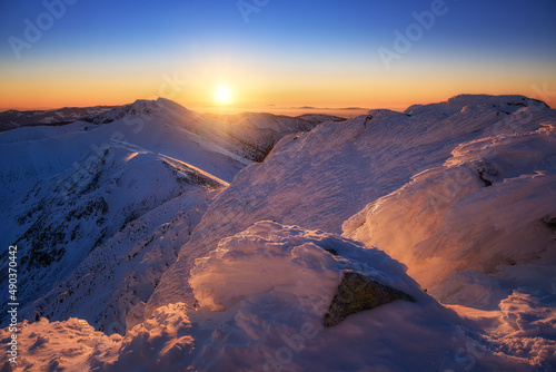 colorful sunrise in the Low Tatras under Chopok,beautiful Slovak unspoilt nature, a wonderful destination for vacation and relaxation