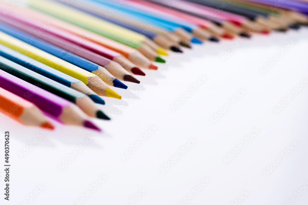 Group of color pencils isolated on white background