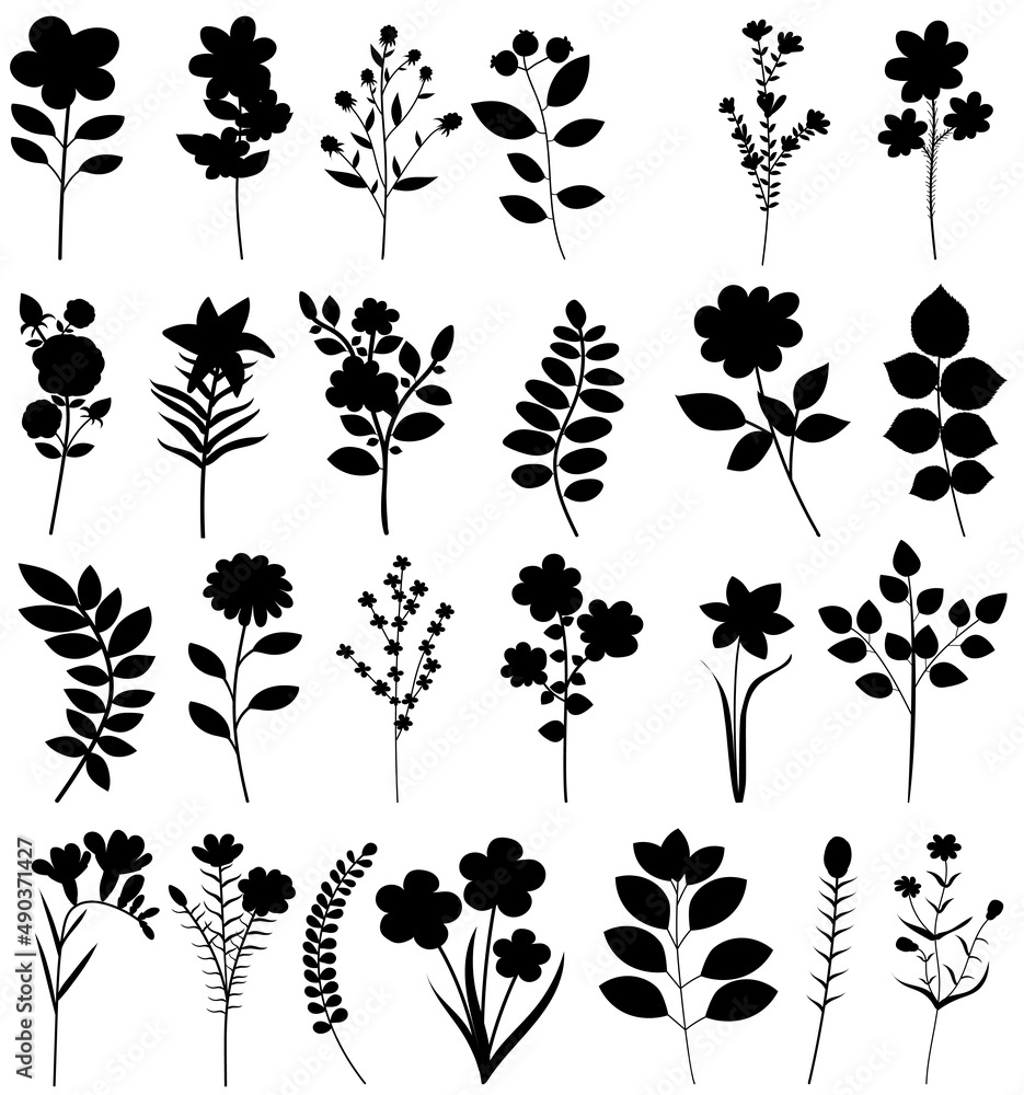 flowers, plants set black silhouette isolated Stock Vector | Adobe Stock