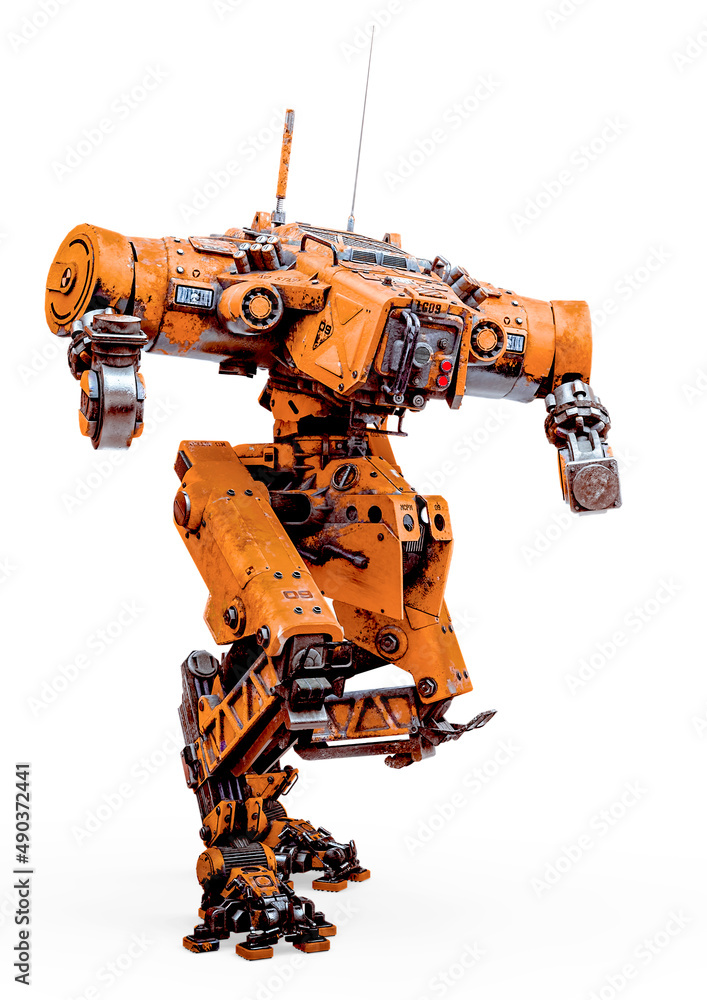 yellow combat mech in action in a white background yellow combat mech in action in a white background