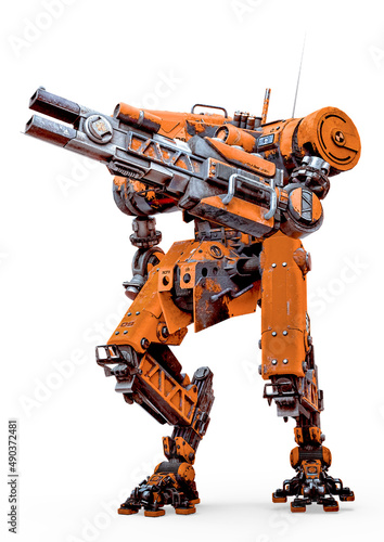 yellow combat mech load a gun in a white background