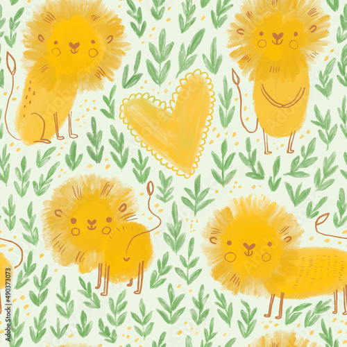Seamless pattern - cute character baby lion. Hand drawn children illustration with hearts and botany. Print for fabric, graphic design, gift wrapping paper, Baby Shower. Raster on green background.