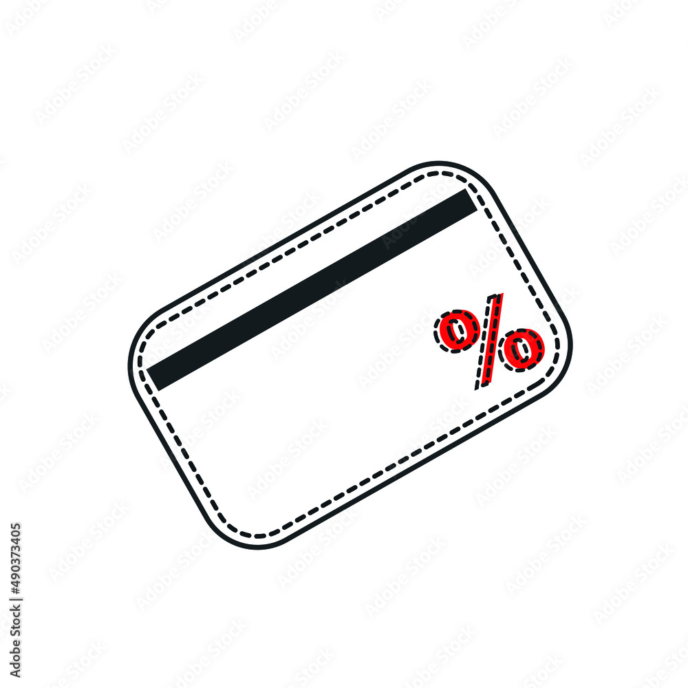 Credit Card Icon with Percent Sign. E commerce or e marketing design element. Shopping card in outline style dashed line and red color percent sign. Add your own percent value. Vector credit card icon Credit Card Icon with Percent Sign. E commerce or e marketing design element. Shopping card in outline style dashed line and red color percent sign. Add your own percent value. Vector credit card icon
