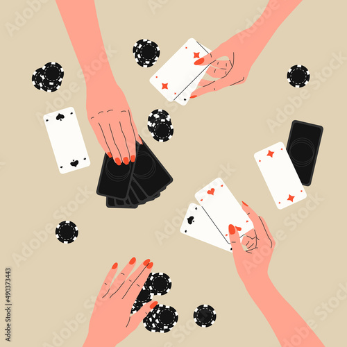 People playing board game at desk.Home leisure for friends or families.Friends play poker card game.Hand with cards and chip. Colleagues and corporate boardgames.Hand drawn vector flat illustration.
