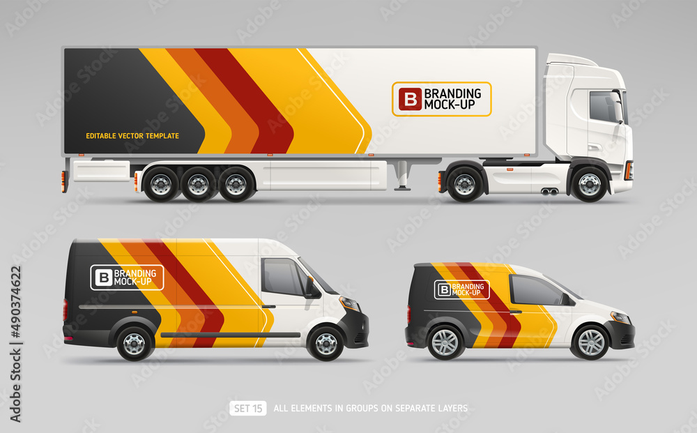 Vector Truck Trailer, Cargo Van, Freight Car with branding design - realistic mock-up set. Abstract stripes graphics design for Business Corporate identity. Company Cars. Delivery Transport mockup - obrazy, fototapety, plakaty 